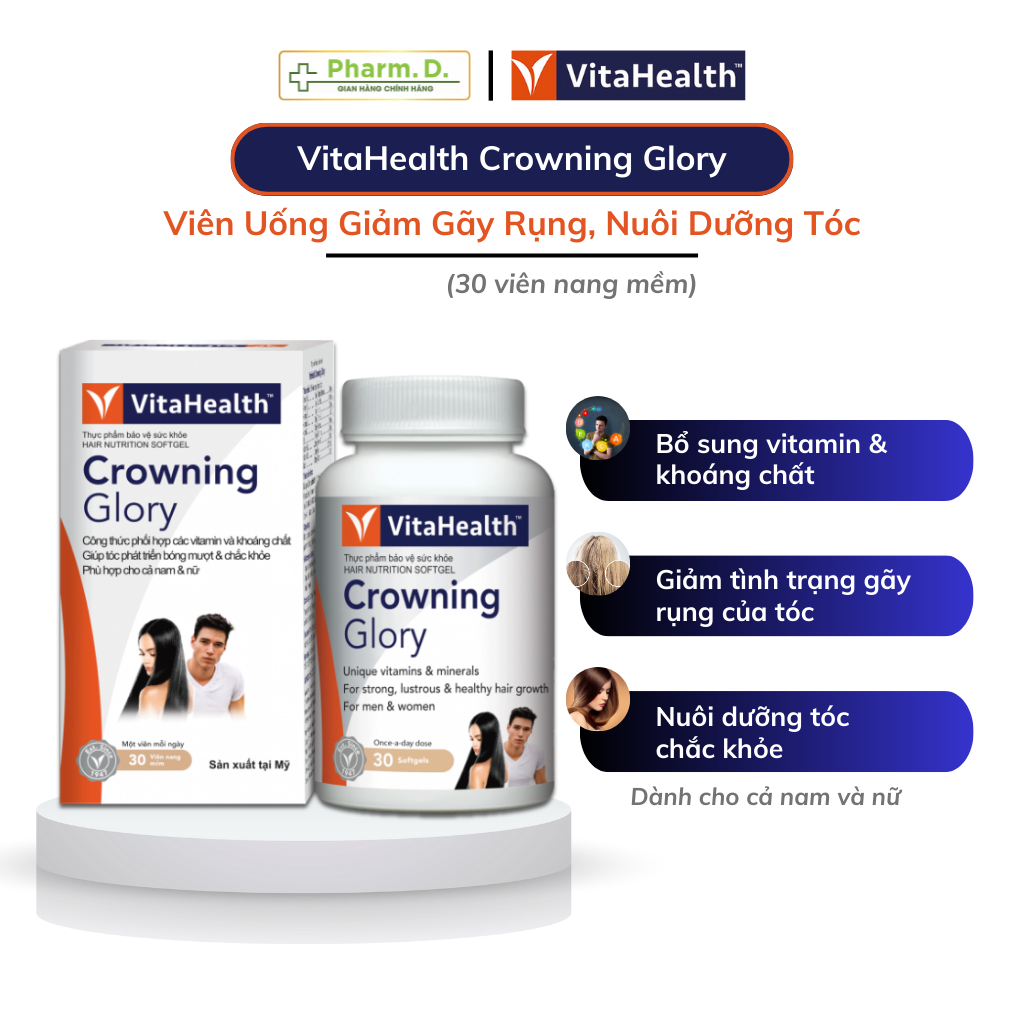 Viên Uống VITAHEALTH Crowning Glory Hỗ Trợ Mọc Tóc, Giảm Gãy Rụng Tóc, Tóc Bạc Sớm (30 Viên)