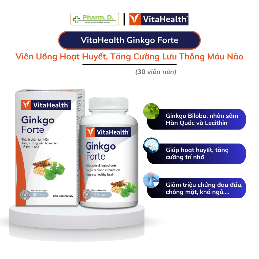 Viên Uống VITAHEALTH Ginkgo Forte Hỗ Trợ Bổ Não, Tăng Tuần Hoàn Não (30 Viên)