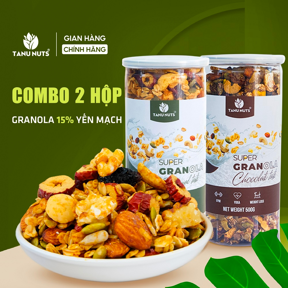 Combo 2 hộp granola siêu hạt 15% yến mạch TANU NUTS ngũ cốc granola mix hạt dinh dưỡng tốt cho người ăn kiêng, giảm cân.