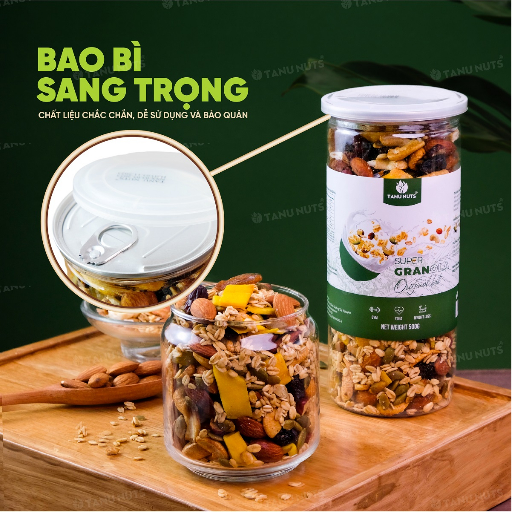 Combo 2 hộp granola siêu hạt 15% yến mạch TANU NUTS ngũ cốc granola mix hạt dinh dưỡng tốt cho người ăn kiêng, giảm cân.