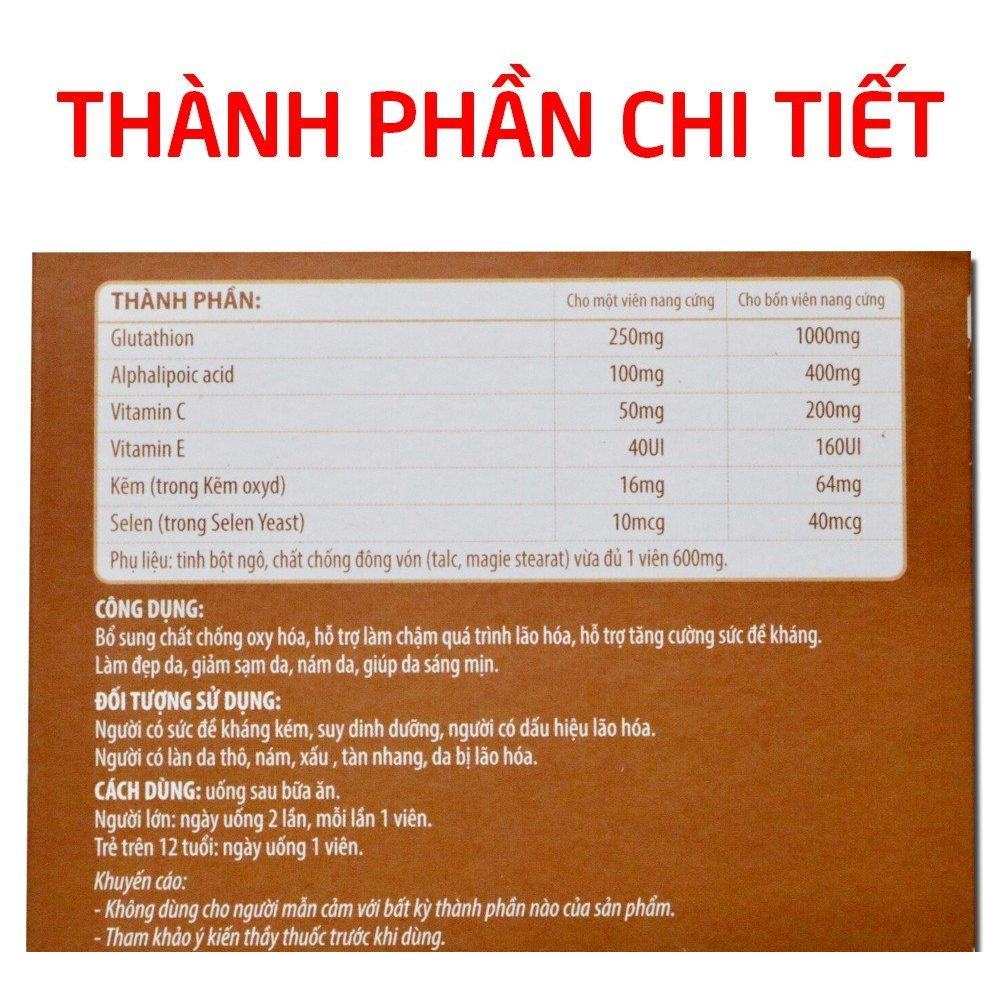 Viên Glutathione Reduced 1000mg đẹp trắng sáng da, giảm nám sạm da, chống lão hóa da-Chai 30 viên