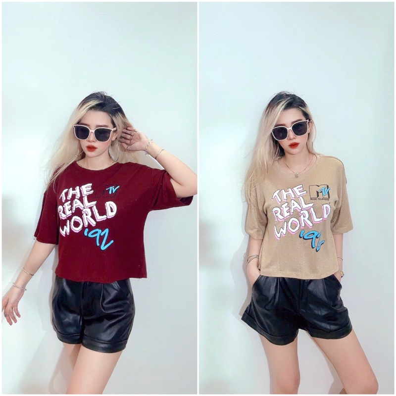 Áo croptop form rộng cánh dơi thun kim tuyến in chữ The Real World, 2 màu