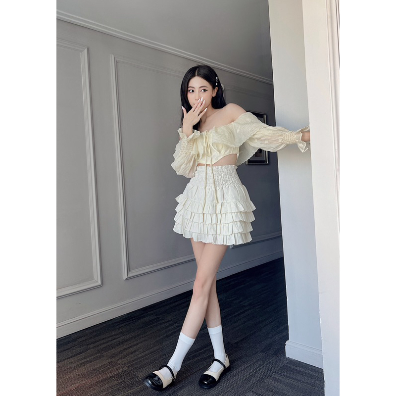 Áo trễ vai bèo corset tay dài điệu chất đũi tằm mát thiết kế Bonheur Loli Top