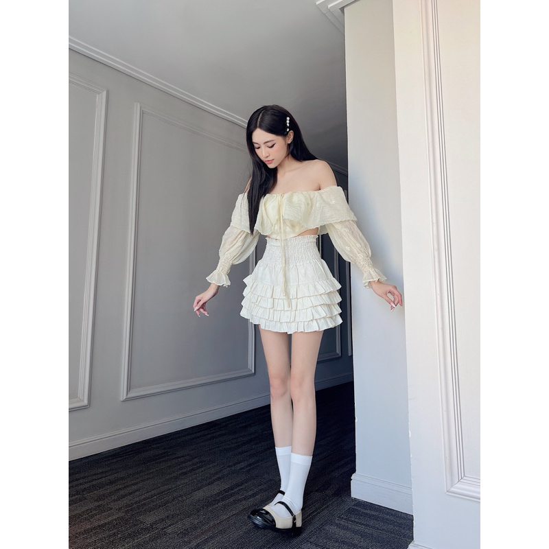 Áo trễ vai bèo corset tay dài điệu chất đũi tằm mát thiết kế Bonheur Loli Top