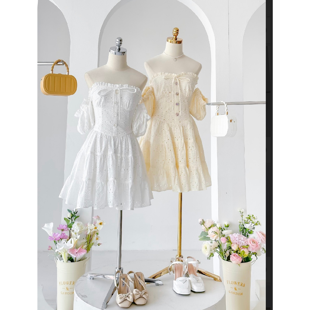 Đầm cúp ngực LYRA vải thô boi thêu ren nhún quanh hông tay lồng đèn rời phong cách trẻ trung, nữ tính -  LWNVD011