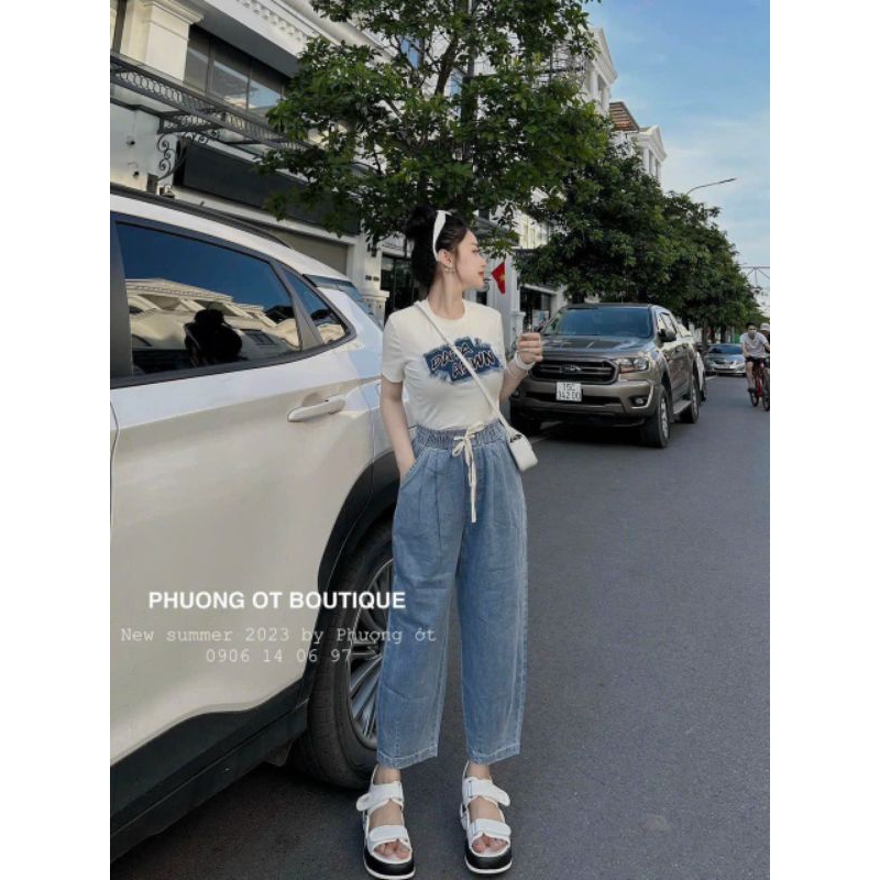 Baggy jean cạp chun xanh nhạt