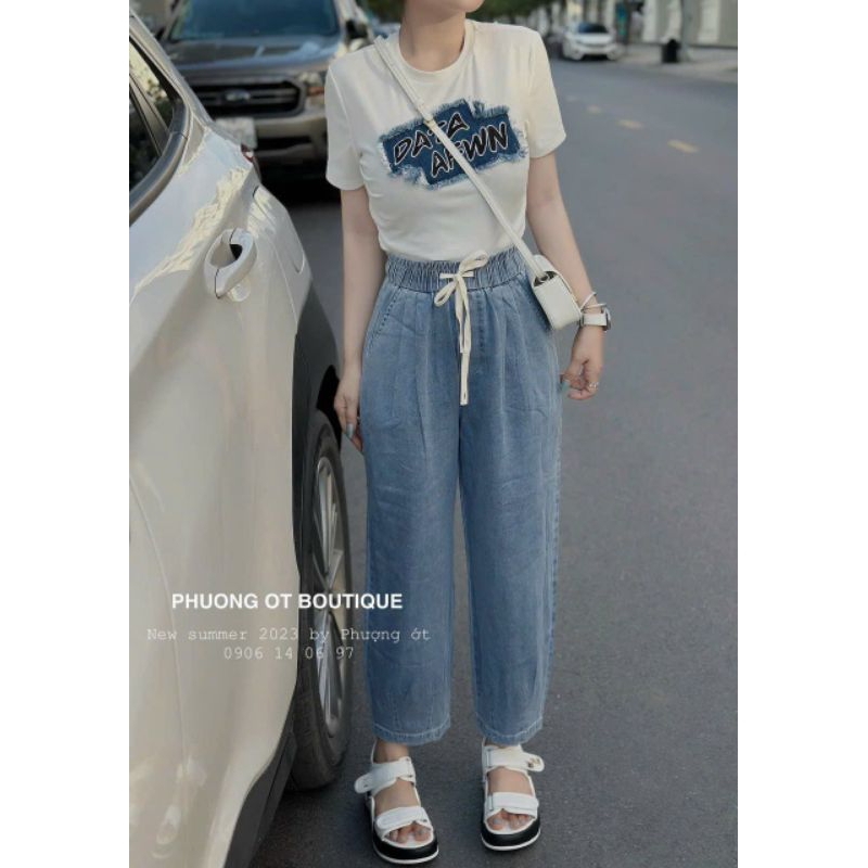 Baggy jean cạp chun xanh nhạt