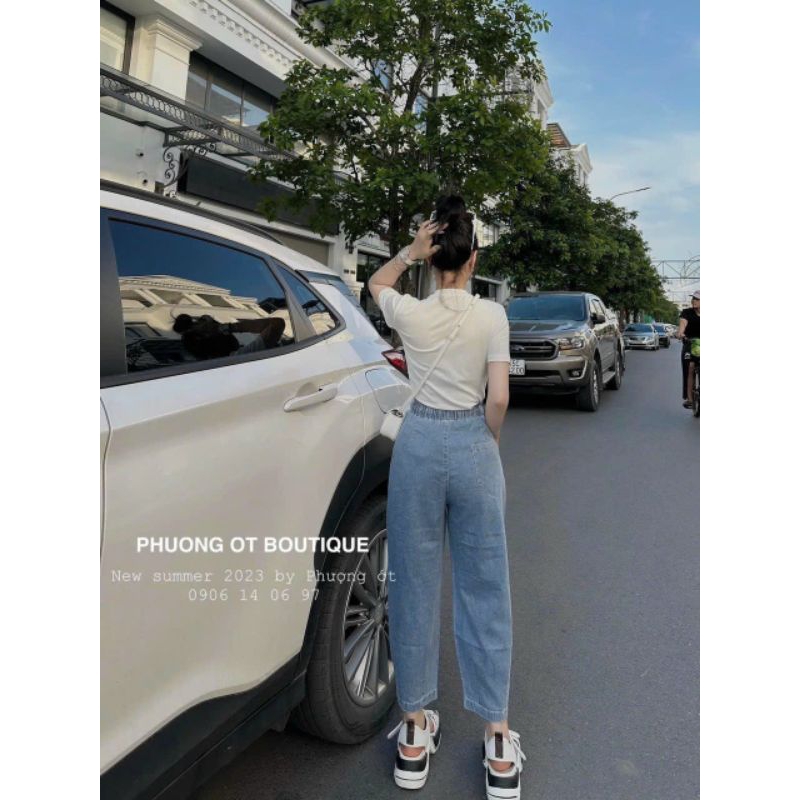 Baggy jean cạp chun xanh nhạt