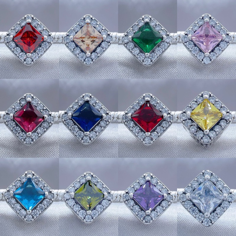 CHARM PAN ALE HẠT VUÔNG ĐÁ LỚN VIỀN TRẮNG BẠC S925 THUẦN KHIẾT HÀNG CAO CẤP