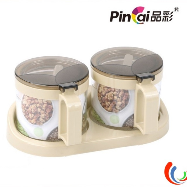 Bộ 2 hũ đựng gia vị đa năng - Lọ đựng gia vị thủy tinh cao cấp, hộp có nắp đậy chống ẩm, khay đựng và quai cầm tiện lợi
