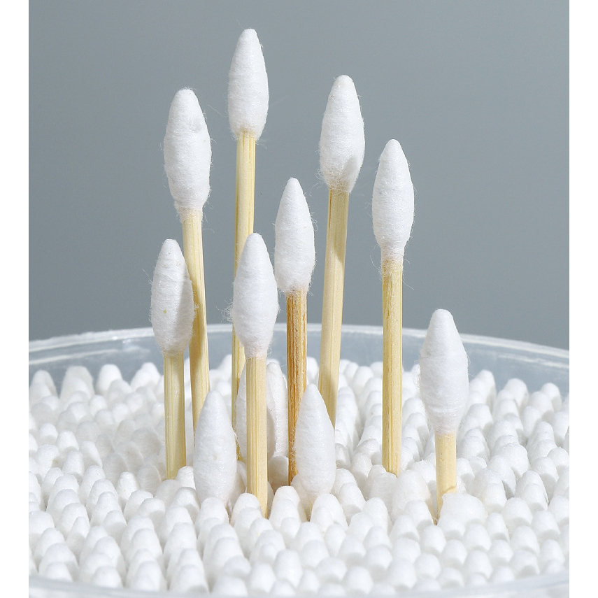 Hộp 500 tăm bông ráy tai Cotton Swap, tăm bong ngoáy tai 2 đầu tiện lợi, thân gỗ cứng cáp, bông cotton mềm mại, thấm hút