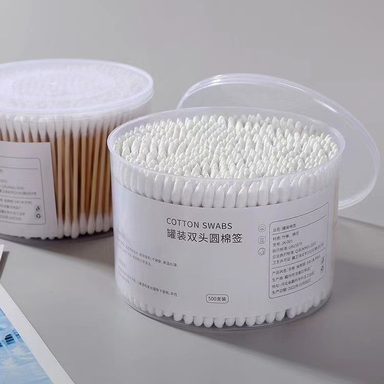 Hộp 500 tăm bông ráy tai Cotton Swap, tăm bong ngoáy tai 2 đầu tiện lợi, thân gỗ cứng cáp, bông cotton mềm mại, thấm hút