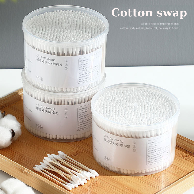 Hộp 500 tăm bông ráy tai Cotton Swap, tăm bong ngoáy tai 2 đầu tiện lợi, thân gỗ cứng cáp, bông cotton mềm mại, thấm hút