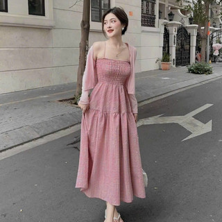 Set váy kèm áo khoác, đầm váy 2 dây maxi kèm áo cadigan mỏng cho nàng đi chơi,đi dạo thời trang nữ XM Minh Phúc