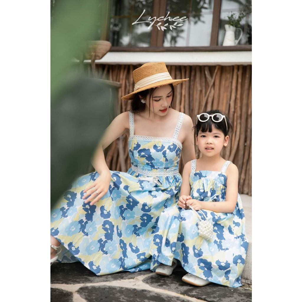 Đầm mẹ bé đi tiệc dáng xòe 2 dây viền ren full size 10 - 65kg