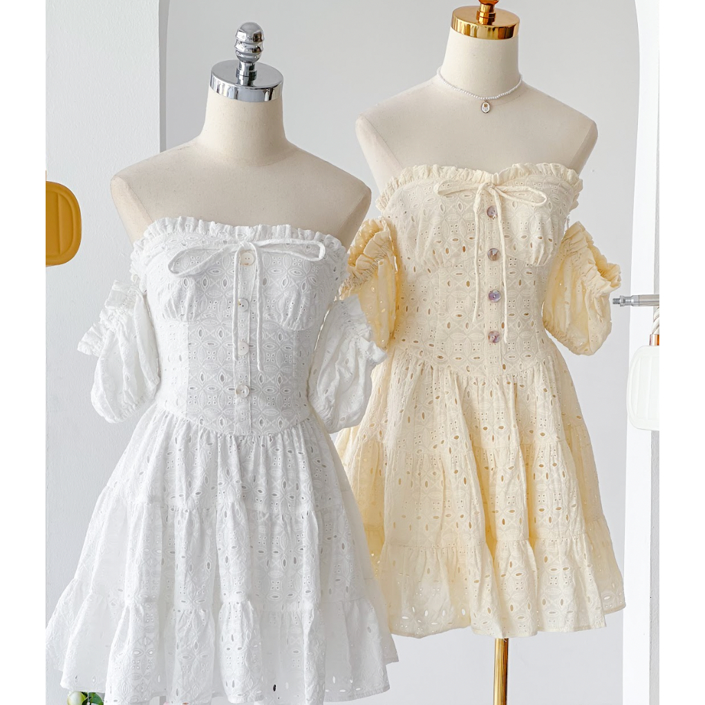 Đầm cúp ngực LYRA vải thô boi thêu ren nhún quanh hông tay lồng đèn rời phong cách trẻ trung, nữ tính -  LWNVD011