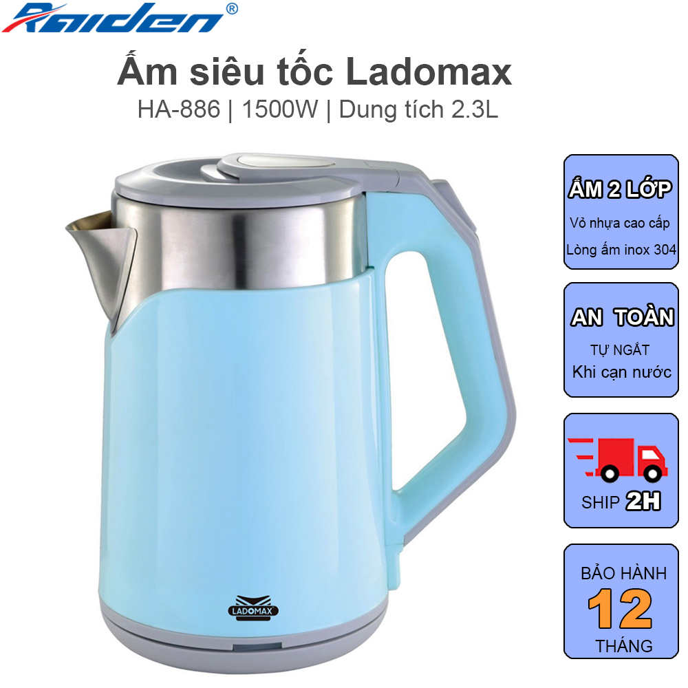 [HÀNG CHÍNH HÃNG] Ấm siêu tốc 2 lớp 2.3L Ladomax HA-886 lòng ấm bằng inox 304, công suất lớn đun nước sôi nhanh