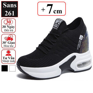 Sneaker nữ độn đế 7cm Sans261 giày thể thao tăng chiều cao 6cm chất vải trắng đen thoáng khí sport sneakers thun