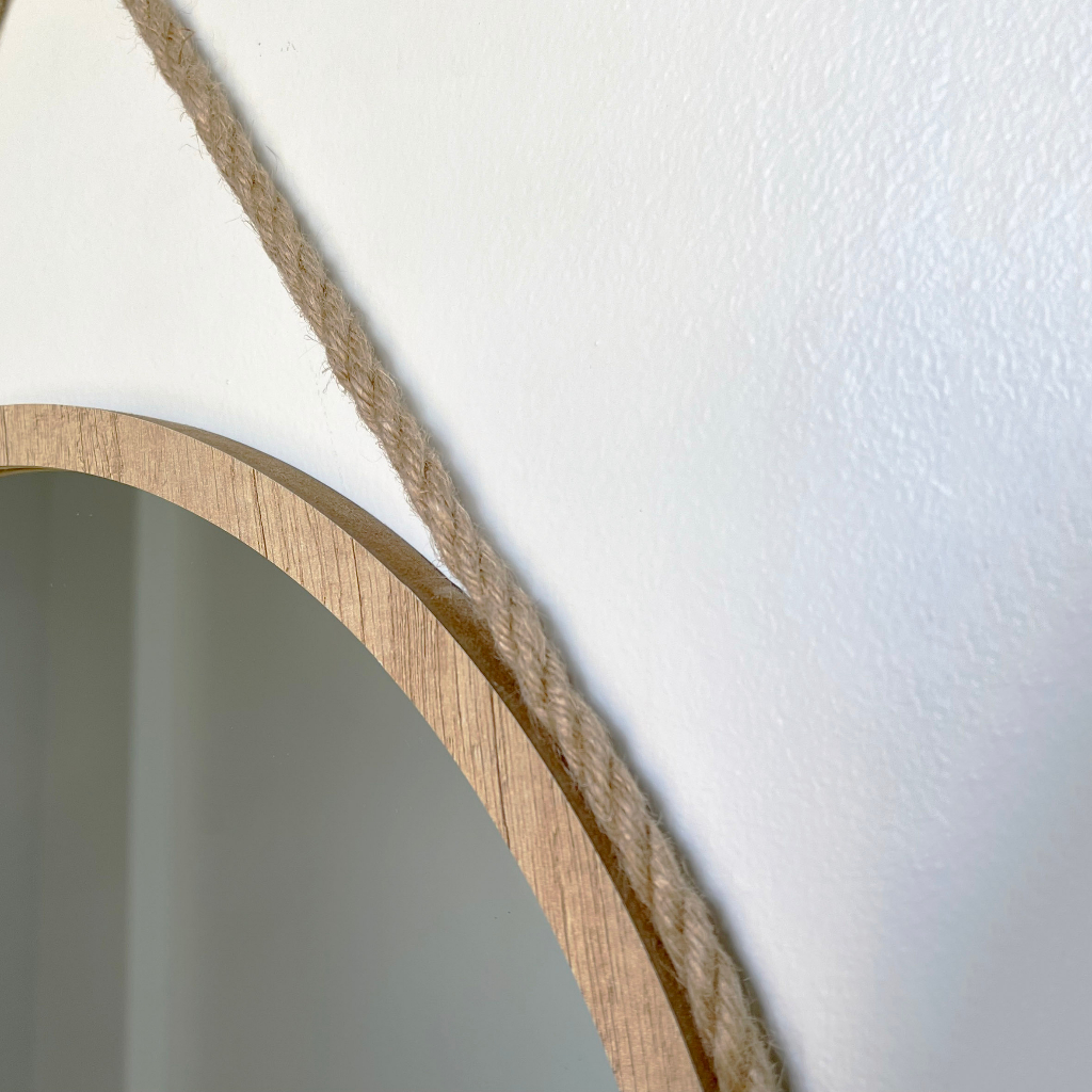 Gương viền gỗ treo tường, dây thừng, nhiều kích thước, decor vintage, NEONCHILL97