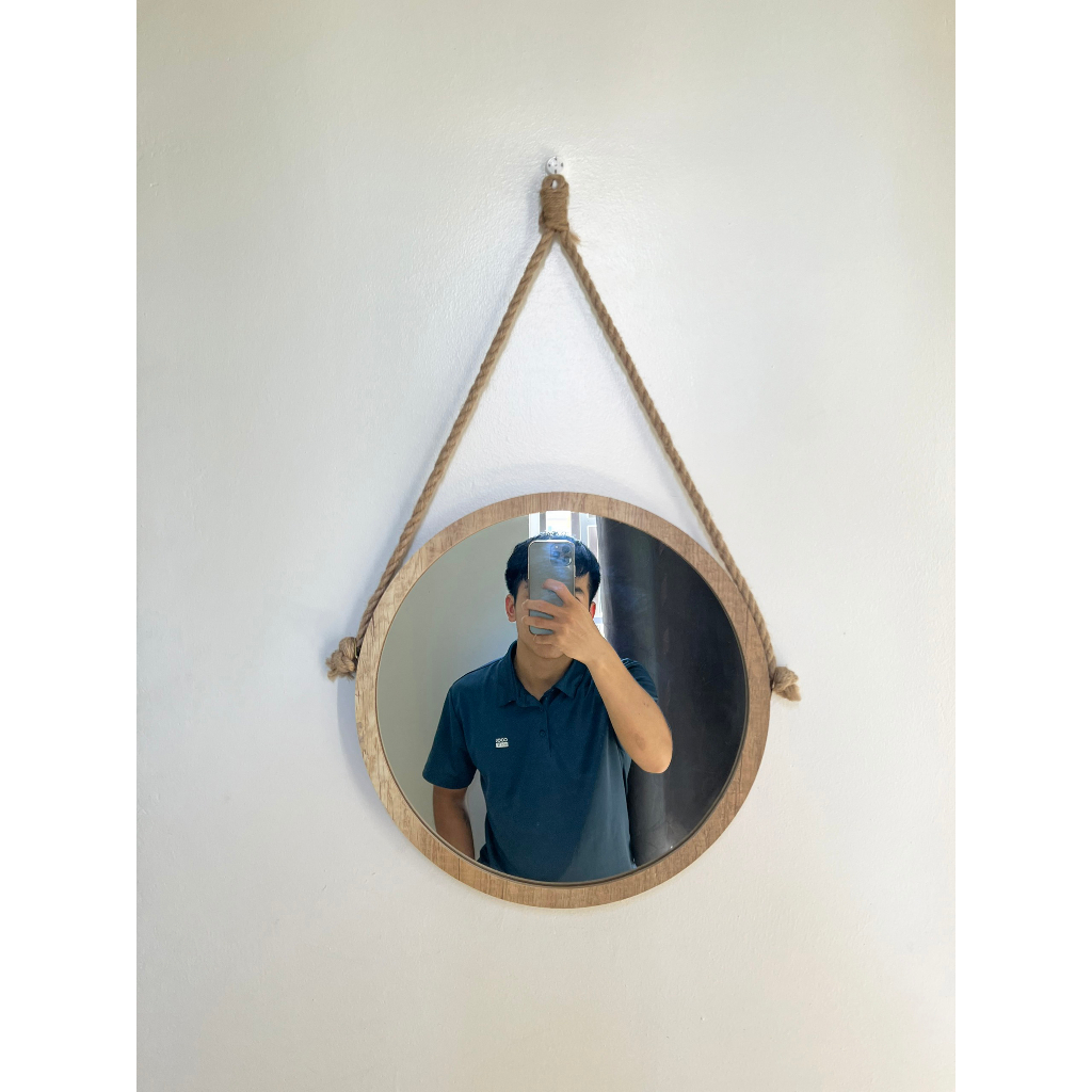 Gương viền gỗ treo tường, dây thừng, nhiều kích thước, decor vintage, NEONCHILL97