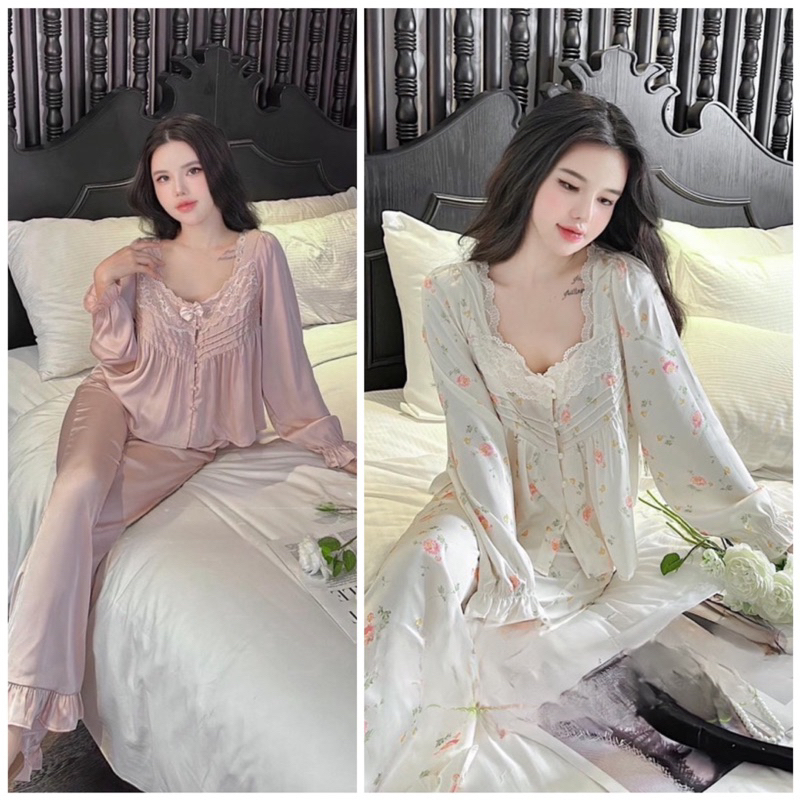 Bộ ngủ lụa tiểu thư cao cấp Quảng Châu tay dài lyly