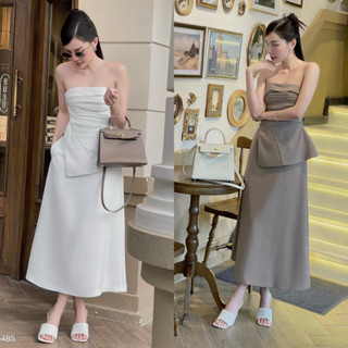 Set áo cúp ngực nhúng xếp li và chân váy dài xoè