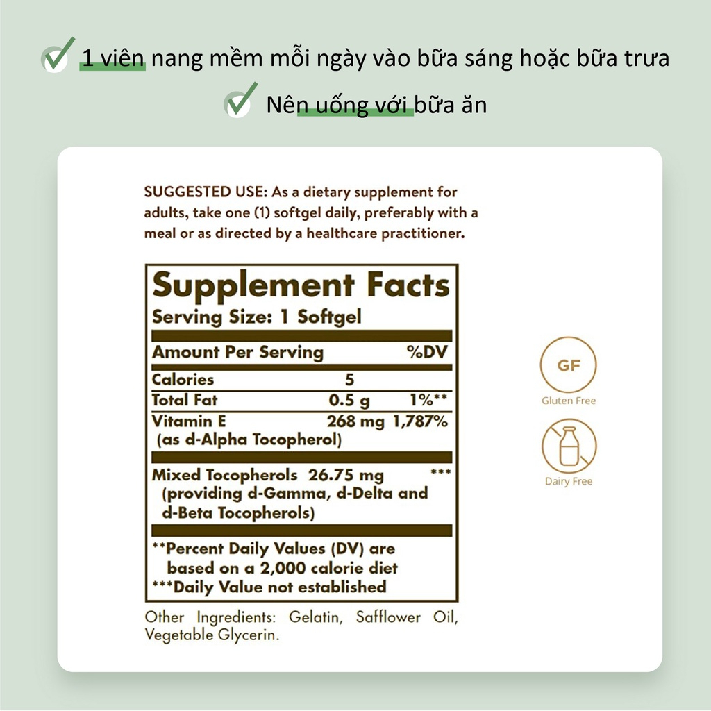 Viên Uống Bổ Sung Vitamin E SOLGAR VITAMIN E 400 IU - Hỗ Trợ Làm Đẹp Da, Ngăn Ngừa Lão Hoá [50 Viên] HSD: 06/2025