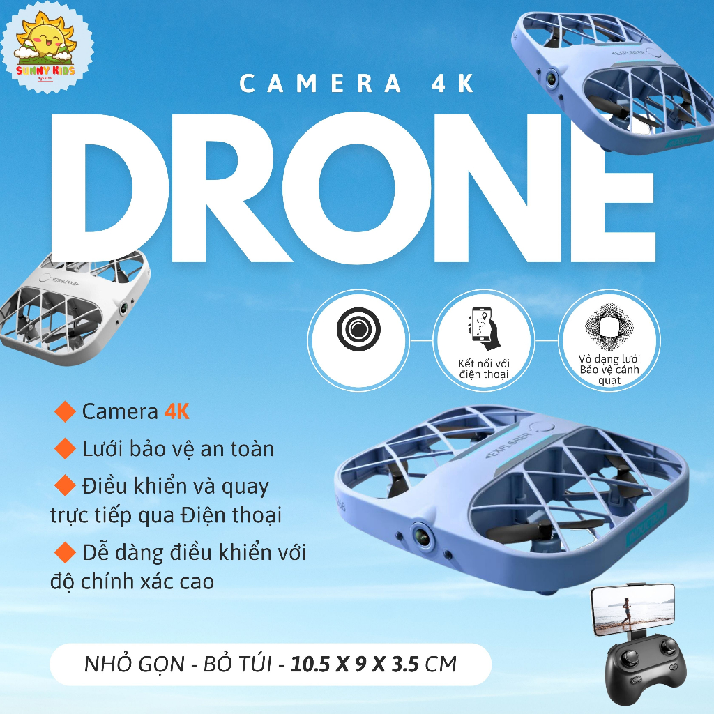 Drone Camera 4K, đồ chơi máy bay điều khiển từ xa vỏ nhựa dạng lưới bảo vệ cánh quạt, kích thước nhỏ gọn - Sunny Kids