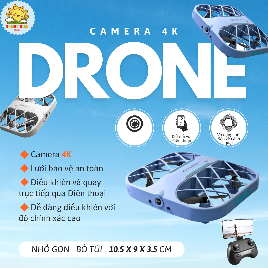 Drone Camera 4K - JJRC H107, đồ chơi Máy bay điều khiển từ xa, vỏ lưới bảo vệ cánh quạt, kích thước nhỏ gọn - Sunny Kids