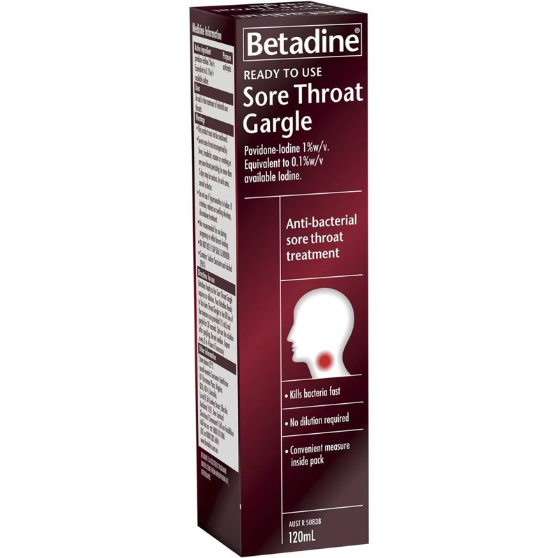 Nước súc miệng giảm viêm họng, khản tiếng Betadine Sore Throat Gargle Úc 120ml
