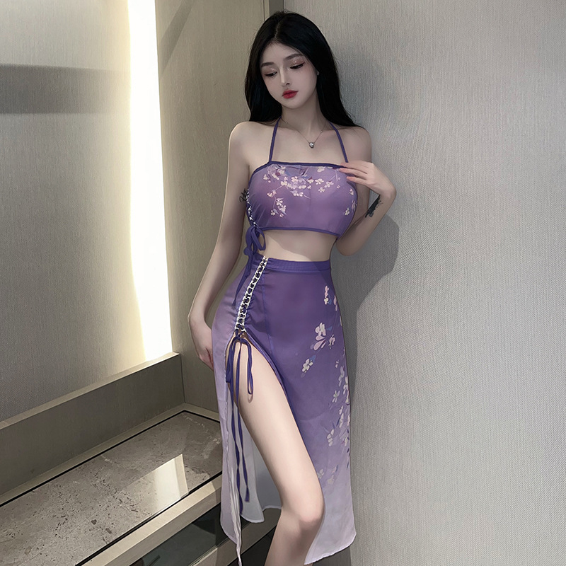 Bộ ngủ hoa tím xẻ đùi gợi cảm sexy 662 🎀 Đồ ngủ nữ 🎀 Đồ ngủ hóa trang nữ quyến rũ