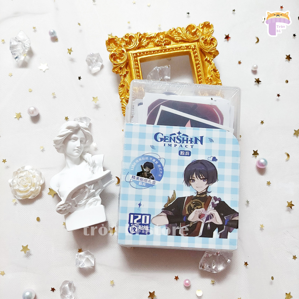 Hộp sticker Genshin Impact 120 cái Inazumi, Liyue, Mondstadt, zhongli, Scaramouche, Raiden, Venti Xiao Ayaka