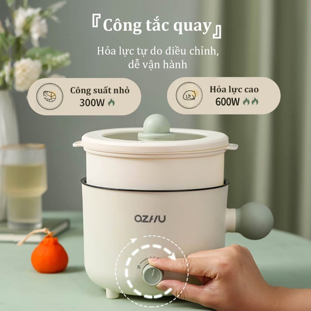 Nồi lẩu điện mini đa năng 2 tầng cao cấp, nồi lẩu hấp 2 nấc nhiệt kèm giá hấp có tay cầm tiện dụng dung tích 1,8L NLD04