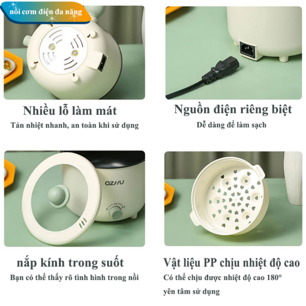 Nồi lẩu điện mini đa năng 2 tầng cao cấp, nồi lẩu hấp 2 nấc nhiệt kèm giá hấp có tay cầm tiện dụng dung tích 1,8L NLD04