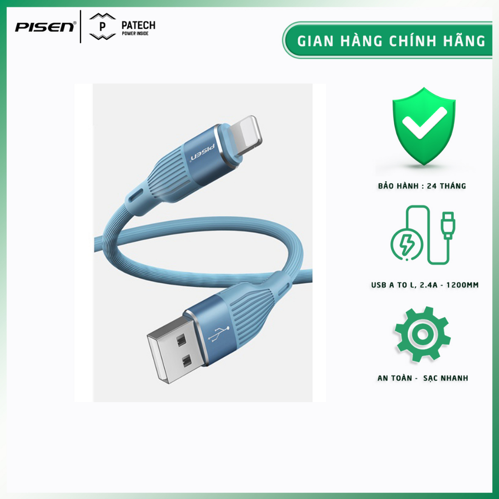 Cáp PISEN USB to L 2.4A 1200mm vật liệu nhựa mềm thân thiện, chống thấm nước,bám bẩn, model: LT-AL01-1200, bh 24 tháng