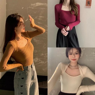 Áo thun gân cổ vuông tay dài thu đông k6