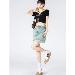 Chân váy e-cool jeans xanh mài gấu may dáng a ngắn