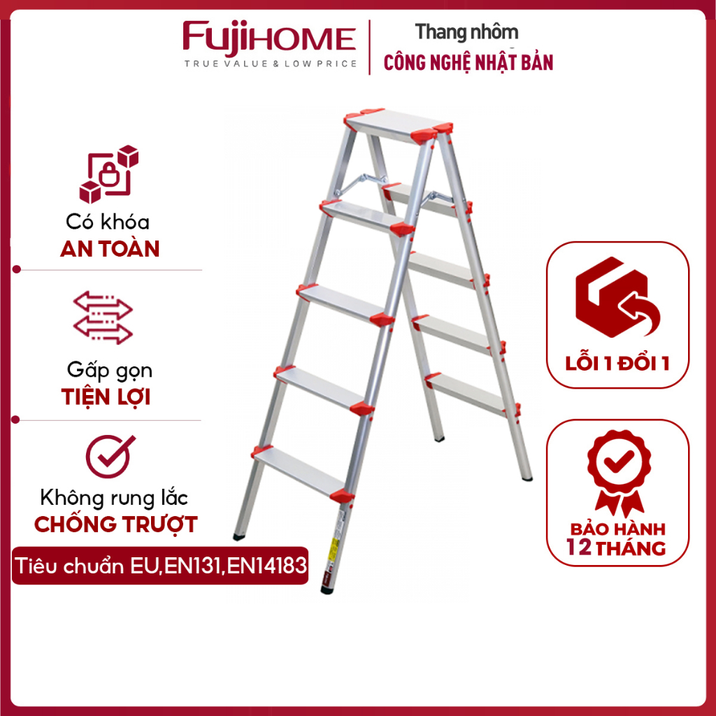 Thang ghế nhôm 5 bậc chữ A nhập khẩu gấp gọn FUJIHOME, Thang chữ A gia đình đa năng xếp gọn