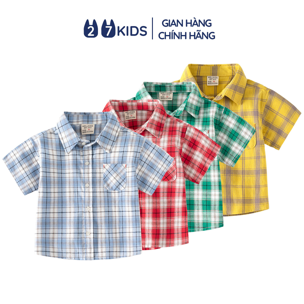 Áo sơ mi bé trai ngắn tay 27Kids WELLKIDS shirt cổ bẻ vải mềm đi học nam cho trẻ từ 2-8 tuổi BSSH1