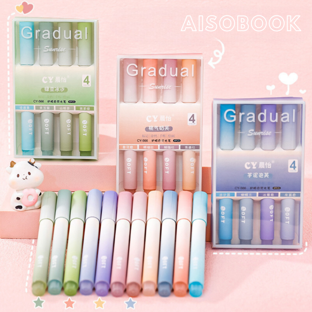 Bút Dạ Quang Bút Đánh Dấu Highlight Set 4 Màu Ngòi Mềm Màu Gradient Cho Học Sinh Sinh Viên Aisobook - BUTNHO