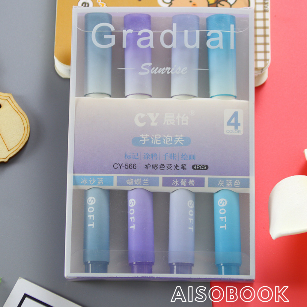 Bút Dạ Quang Bút Đánh Dấu Highlight Set 4 Màu Ngòi Mềm Màu Gradient Cho Học Sinh Sinh Viên Aisobook - BUTNHO