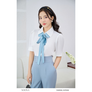 Áo sơ mi trắng tay phồng cổ nơ xanh tiểu thư YOONA - YH2S153