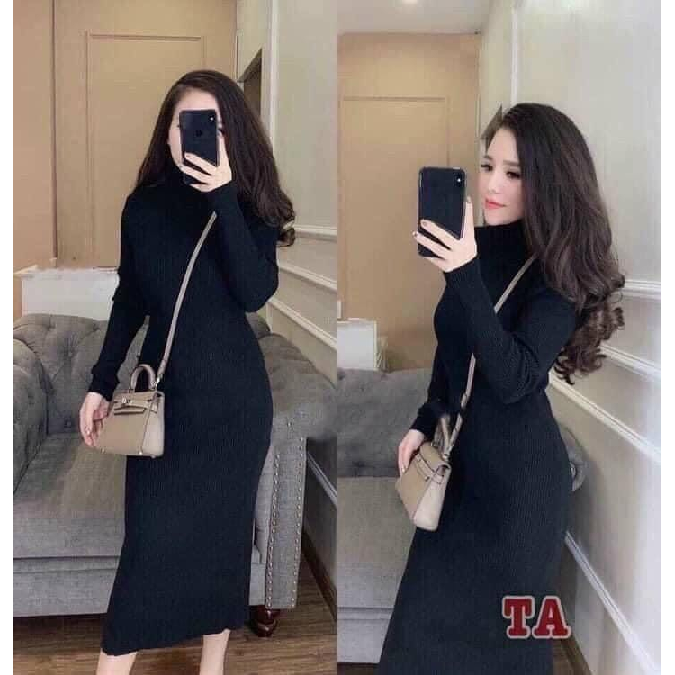 Đầm body cổ lọ dáng dài qua gối, váy len tăm dài tay dáng bazzic quốc dân, đầm len giữ nhiệt