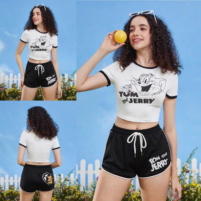 Áo croptop cổ tròn thun pc trắng cổ đen in Tom&Jerry
