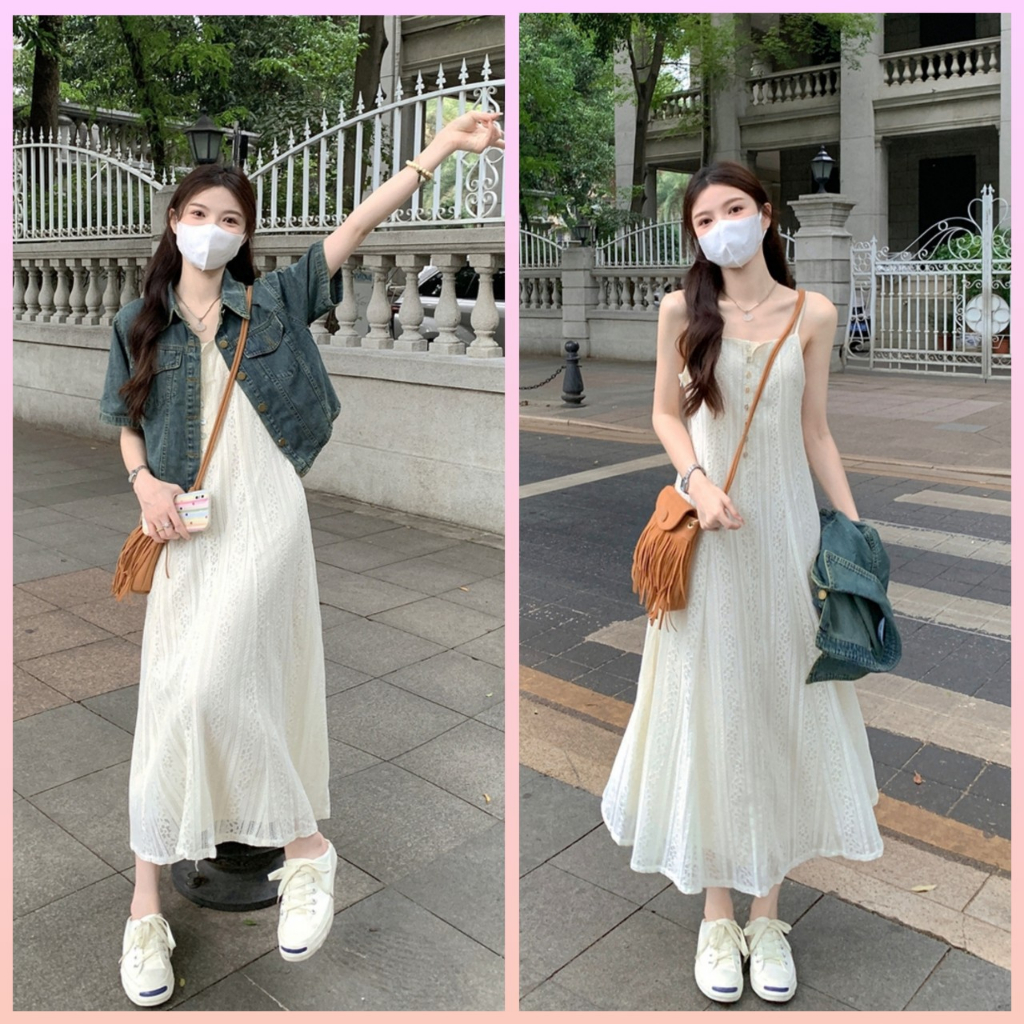 (ORDER) Váy 2 Dây Phối Ren Nhẹ Nhàng + Áo Khoác Denim Thiết Kế Sang Trọng Mẫu Mới 2023