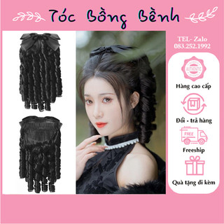 Tóc giả búi kèm nơ xoăn lọn dạng cài, retro cổ điển dành cho trung niên Tocbongbenh