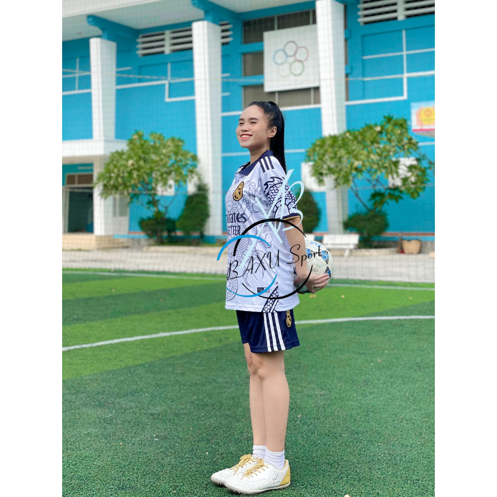 ÁO BÓNG ĐÁ CLB REAL TRẮNG RỒNG CÓ CỔ 2024 - BỘ QUẦN ÁO BÓNG ĐÁ THIẾT KẾ REAL TRẮNG RỒNG 2024 MẪU THẬT