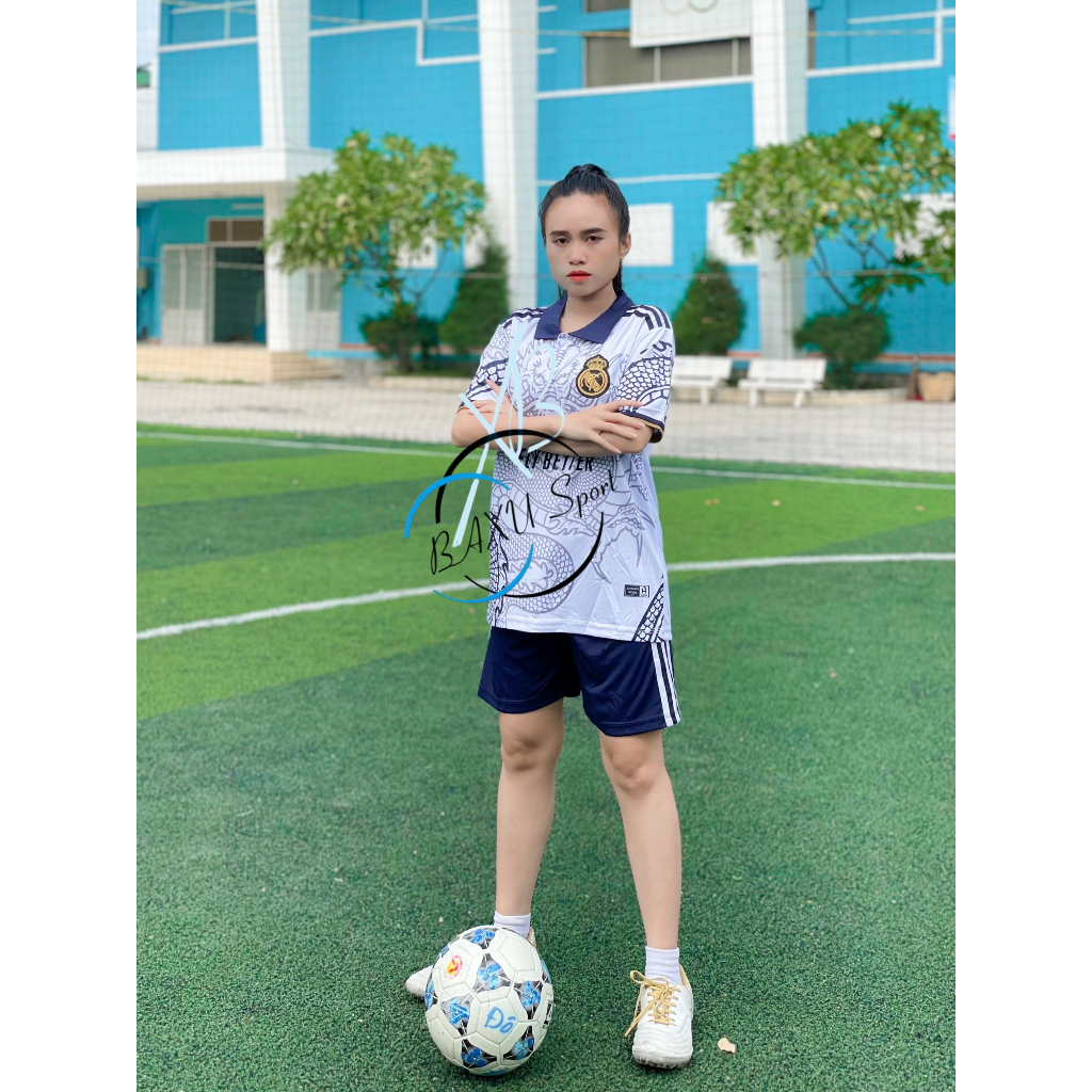 ÁO BÓNG ĐÁ CLB REAL TRẮNG RỒNG CÓ CỔ 2024 - BỘ QUẦN ÁO BÓNG ĐÁ THIẾT KẾ REAL TRẮNG RỒNG 2024 MẪU THẬT