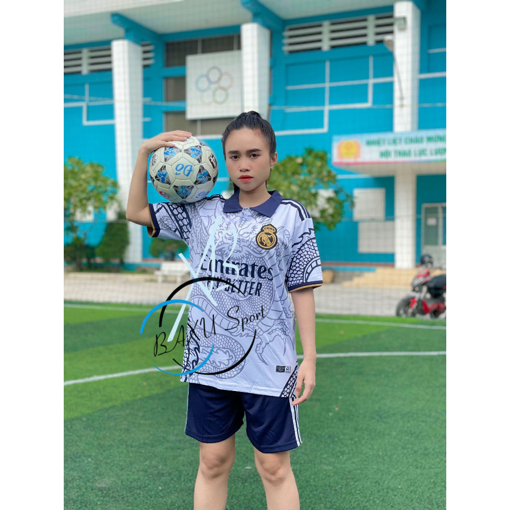 ÁO BÓNG ĐÁ CLB REAL TRẮNG RỒNG CÓ CỔ 2024 - BỘ QUẦN ÁO BÓNG ĐÁ THIẾT KẾ REAL TRẮNG RỒNG 2024 MẪU THẬT