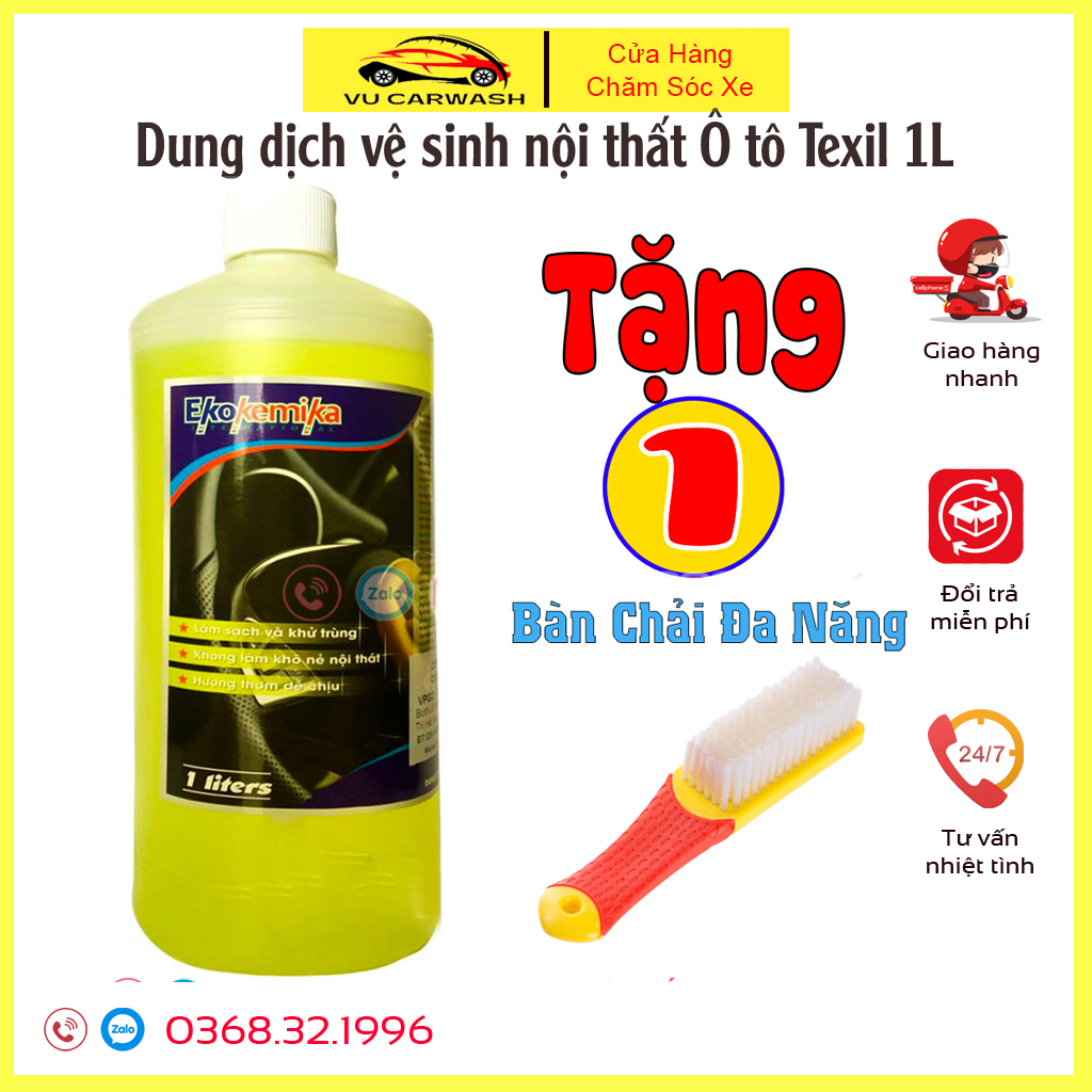 Dung Dịch Vệ Sinh Nội Thất - Hóa Chất Làm Sạch Ghế Da, Nhựa, Taplo Ekokemika Texil -1L(chính hãng) TẶNG Bàn Chải Đa Năng